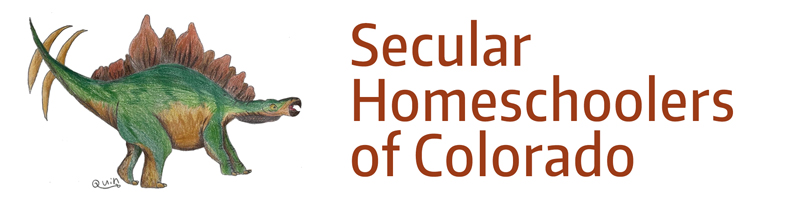 Secular Homeschoolers of Colorado Banner, showing a colorful stegosaurus